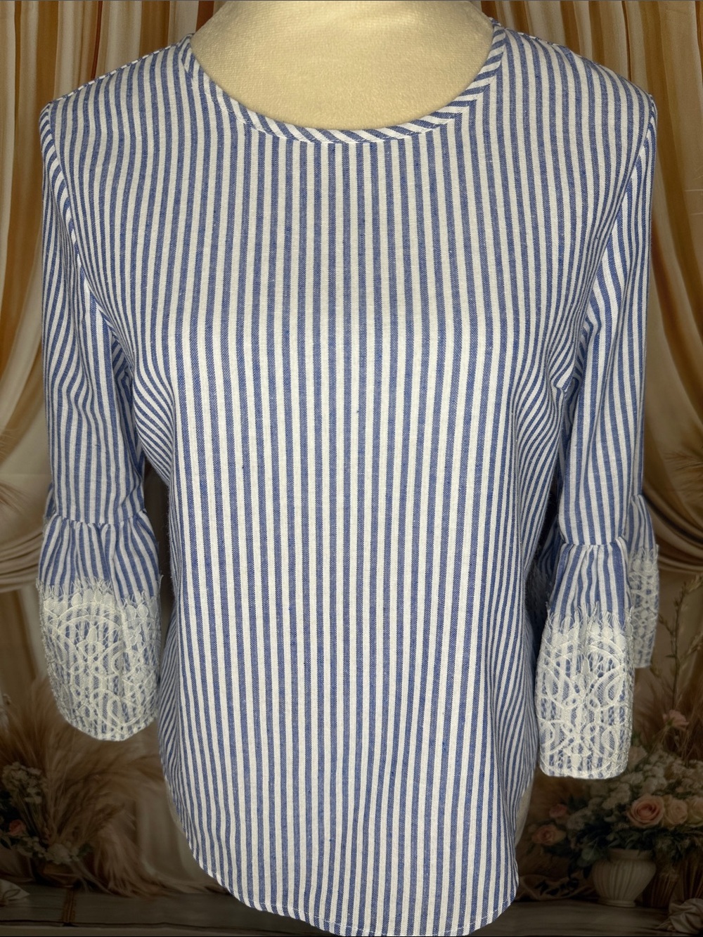 Roommates Blue & White Stripe Blouse with Lace Bell Cuffs
